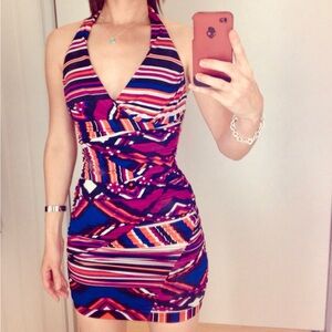 XOXO Bodycon Halter Mini Dress Ruched Multicolor Lines Chevron Pattern Sexy